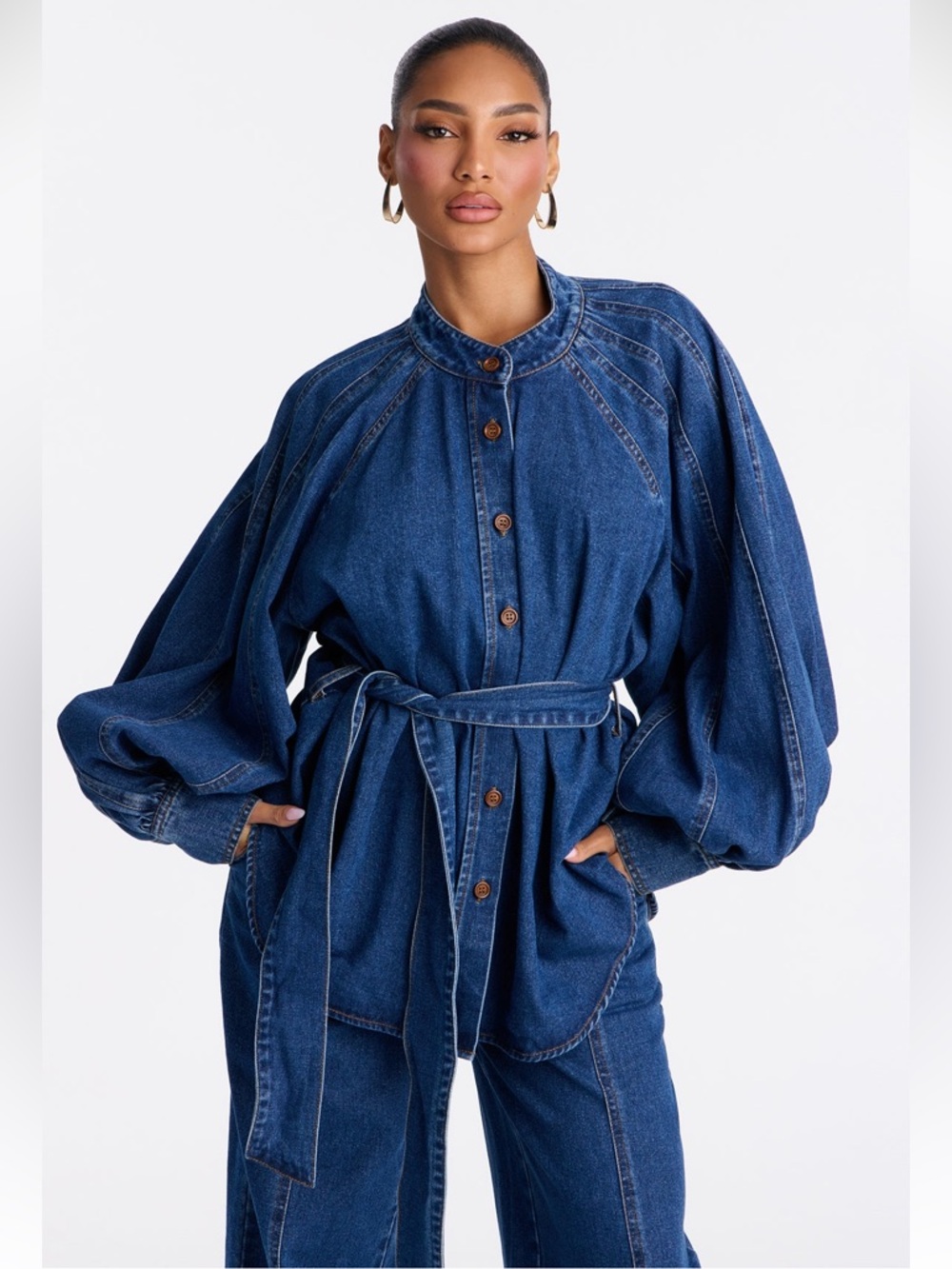 Gemma Tie Waist Denim Pant Set - Dark Wash - Picture 2 of 4